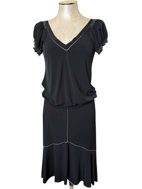 Studio M Black 2 Piece Skirt Set Contrast Stitching V-Neck Puff Sleeve M/S